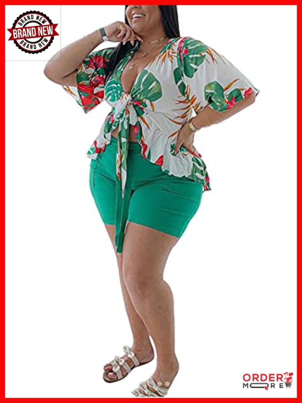 Plus Size 2 Piece Outfits Ruffle Crop Top Shorts Set Floral Print Beach Cover Up